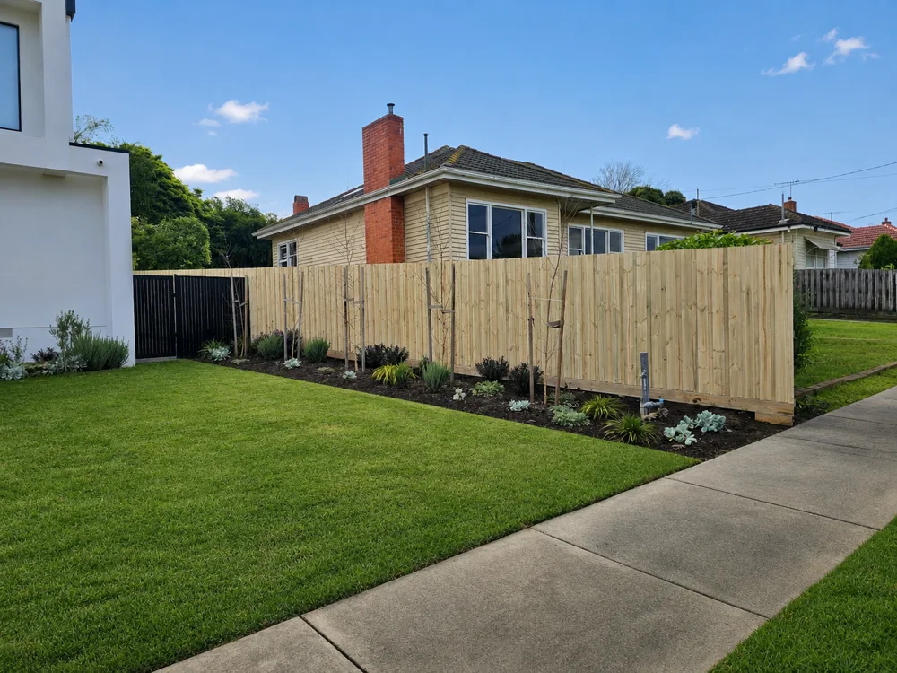 New timber paling fence bordering a residential lawn