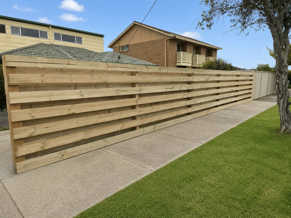 Horizontal timber slat front fence alongside a footpath