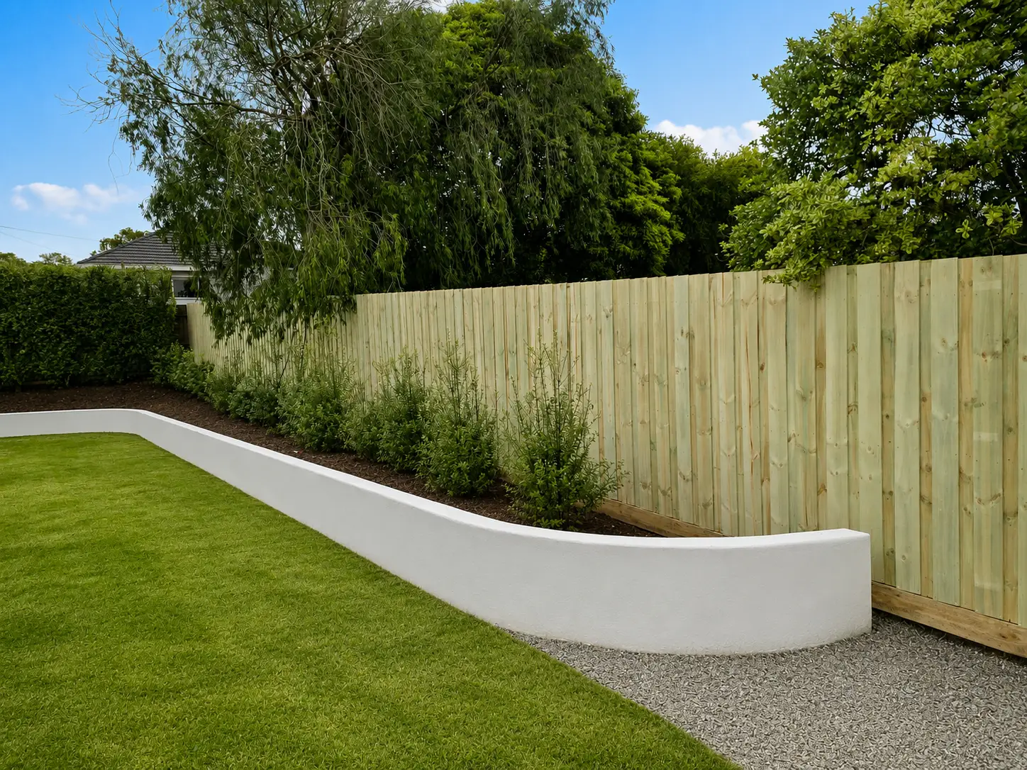 Pale timber boundary fence alongside a landscaped garden and lawn